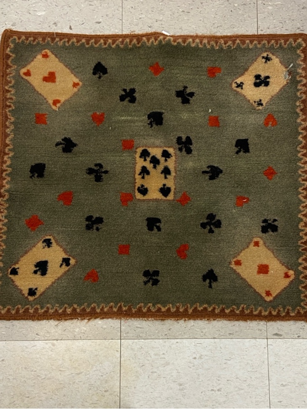 VTG Textured Wool w/Green and Brown Hooked Playing Cards Design 25 x 27”